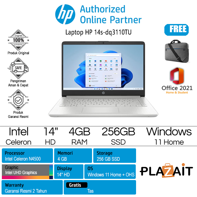 HP 14s-dq3110TU - 7Z6W5PA /Intel Celeron N4500/4GB/256GB SSD/Intel UHD Graphics/14" HD/Win 11 Home+OHS 2021/Silver/2Y