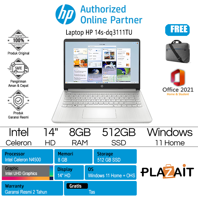 HP 14s-dq3111TU - 7Z952PA /Intel Celeron N4500/ 8GB/512GB SSD/Intel UHD Graphics/14″ HD/Win 11 Home+OHS 2021/Silver/2Y