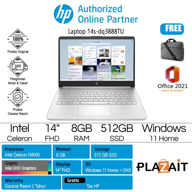HP 14s-dq3888TU - A05PWPA /Intel Celeron N4500/8GB/512GB SSD/Intel UHD Graphics/14″ FHD/Win 11 Home+OHS 2021/Silver/2Y