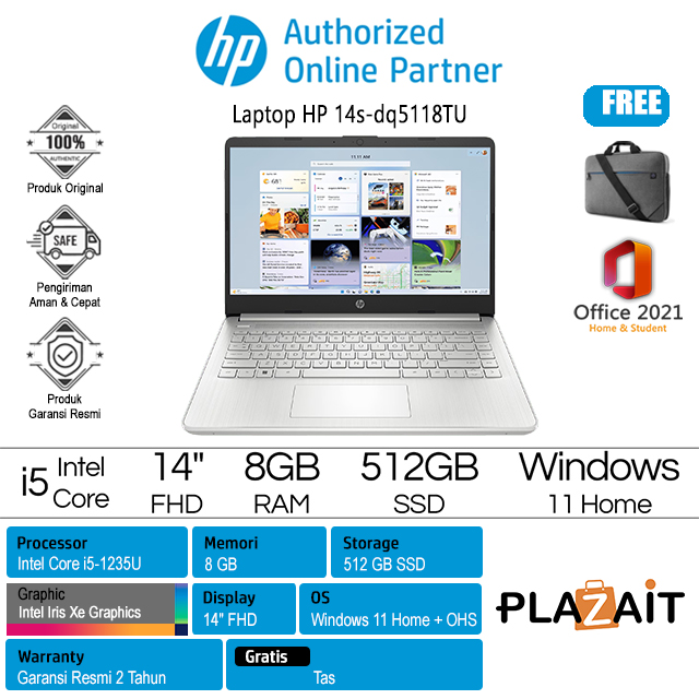 HP 14s-dq5118TU - 8T481PA /Intel Core i5-1235U/ 8GB/512GB SSD/Intel Iris Xe Graphics/14″ FHD/Win 11 Home+OHS 2021/Silver/2Y
