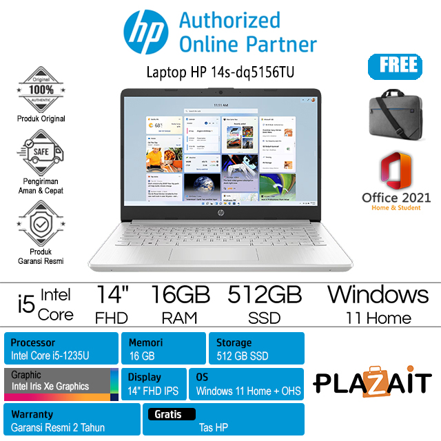 HP 14s-dq5156TU - A5ET8PA /Intel Core i5-1235U/16GB/512GB SSD/Intel Iris Xe Graphics/14″ FHD IPS/Win 11 Home+OHS 2021/Silver/2Y