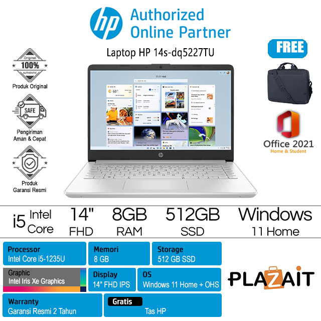 HP 14s-dq5227TU - B29ZDPA /Intel Core i5-1235U/8GB/512GB SSD/Intel Iris Xe Graphics/14″ FHD IPS/Win 11 Home+OHS 2021/Silver/2Y