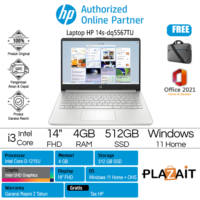 HP 14s-dq5567TU - A58H9PA /Intel Core i3-1215U/4GB/512GB SSD/Intel UHD Graphics/14″ FHD/Win 11 Home+OHS 2021/Silver/2Y