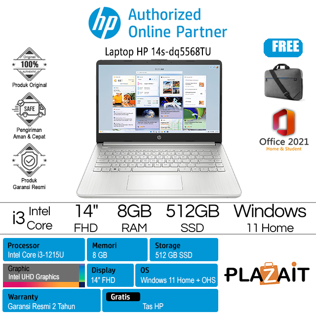 HP 14s-dq5568TU - A58HNPA /Intel Core i3-1215U/8GB/512GB SSD/Intel UHD Graphics/14″ FHD/Win 11 Home+OHS 2021/Silver/2Y