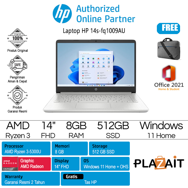 HP 14s-fq1009AU - 94B54PA /AMD Ryzen 3-5300U/ 8GB/512GB SSD/AMD Radeon Graphics/14″ FHD/Win 11 Home+OHS 2021/Silver/2Y