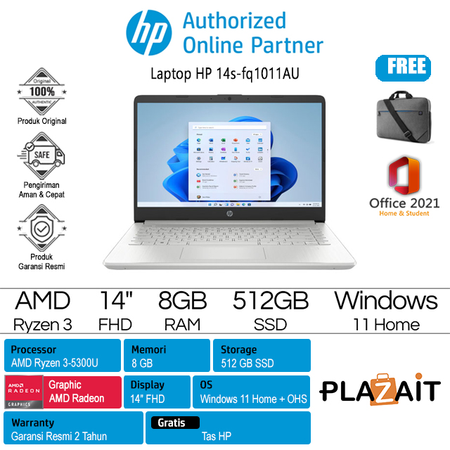 HP 14s-fq1011AU - 94B55PA /AMD Ryzen 3-5300U/ 8GB/512GB SSD/AMD Radeon Graphics/14″ FHD/Win 11 Home+OHS 2021/Gold/2Y