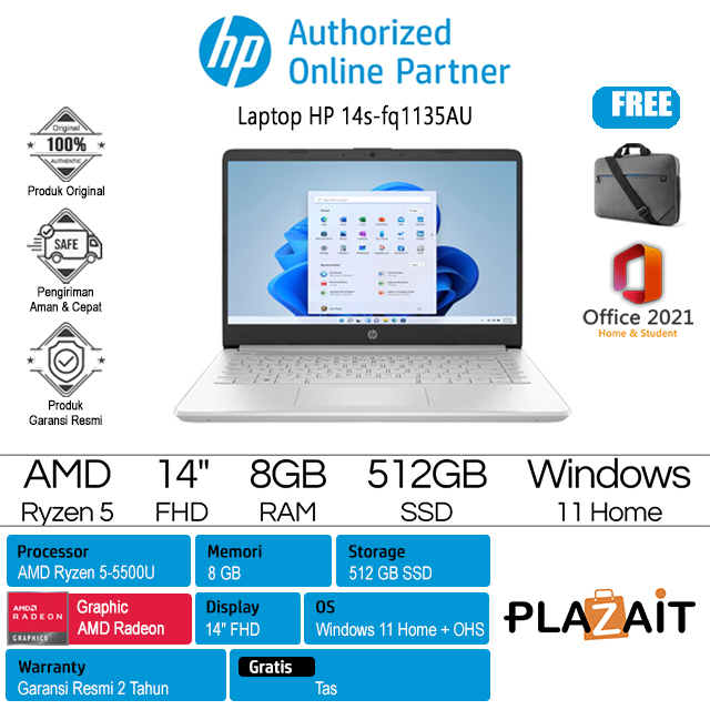HP 14s-fq1135AU - 8G1D0PA  /AMD Ryzen 5-5500U/ 8GB/512GB SSD/AMD Radeon Graphics/14″ FHD/Win 11 Home + OHS/Silver/2Y