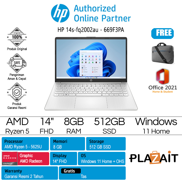 HP 14s-fq2002au - 669F3PA /AMD Ryzen 5-5625U/8GB/512GB SSD/AMD Radeon Graphics/NO DVD/14" FHD IPS/Win 11Home + OHS 2021/Silver/2Y