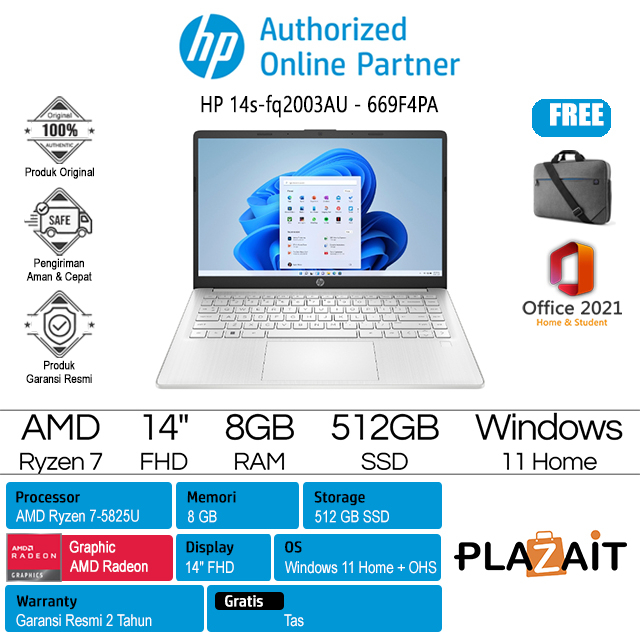 HP 14s-fq2003AU - 669F4PA /Ryzen 7-5825U /8GB/512GB SSD/Amd Radeon Graphics/Windows 11 Home+Office Home & Student 2021/14″/Silver/2Y