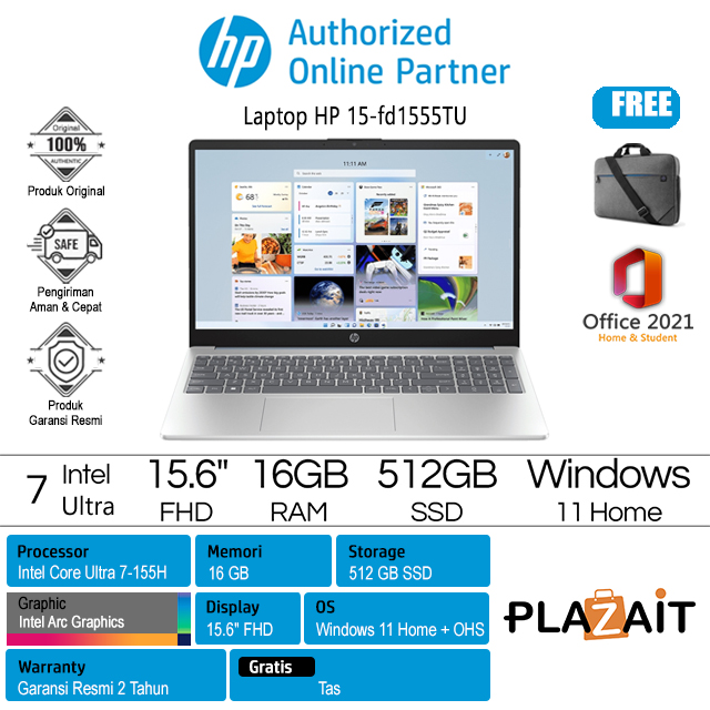 HP 15-fd1555TU - 9Y3P0PA /Intel Core Ultra 7-155H/16GB/512GB SSD/Intel Arc Graphics/15.6″ FHD IPS/Win 11 Home+OHS 2021/Blue/2Y