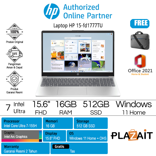 HP 15-fd1777TU - 9Y3P1PA /Intel Core Ultra 7-155H/16GB/512GB SSD/Intel Arc Graphics/15.6″ FHD IPS/Win 11 Home+OHS 2021/Silver/2Y