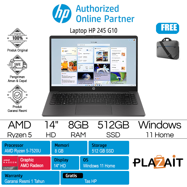 HP 245 G10 - 9J053PT /AMD Ryzen 5-7520U/8GB/512GB SSD/AMD Radeon Graphics/14" HD/Win 11 Home/Black/1Y