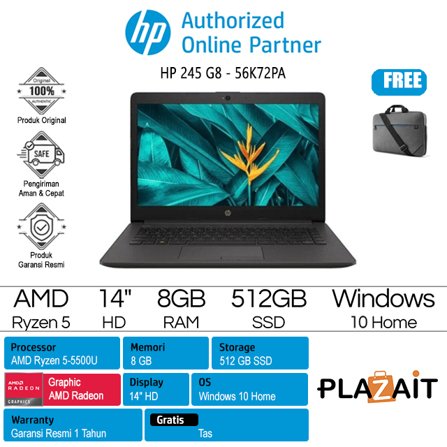 HP 245 G8 - 56K72PA /AMD Ryzen 5-5500U/8GB/512GB SSD/AMD Radeon Graphics/14"HD/Win10 Home/Grey/1Y