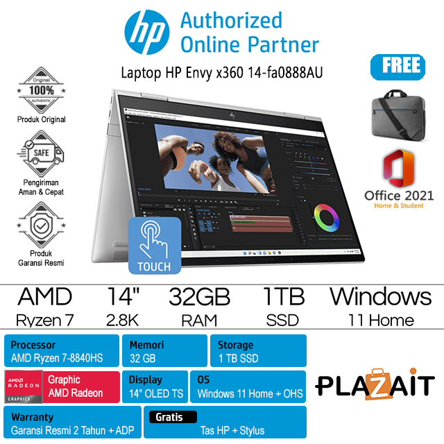 HP Envy x360 14-fa0888AU - 9X3E6PA /AMD Ryzen 7-8840HS/32GB/1TB SSD/AMD Radeon Graphics/14″ 2.8K OLED Touch/Win 11 Home+OHS 2021/Silver/2Y