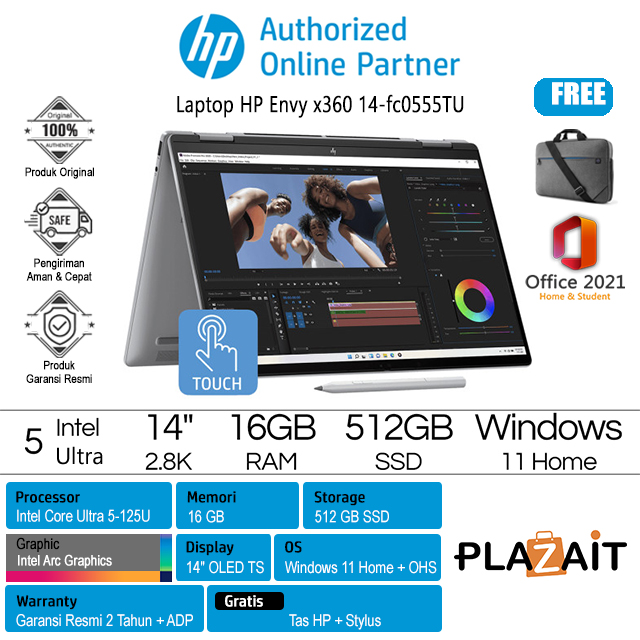 HP Envy x360 14-fc0555TU - A03GVPA /Intel Core Ultra 5-125U/16GB/512GB SSD/Intel Arc Graphics/14″ 2.8K OLED Touch/Win 11 Home+OHS 2021/Silver/2Y