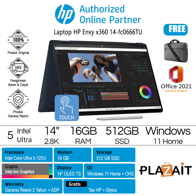 HP Envy x360 14-fc0666TU - A03GWPA /Intel Core Ultra 5-125U/16GB/512GB SSD/Intel Arc Graphics/14″ 2.8K OLED Touch/Win 11 Home+OHS 2021/Blue/2Y