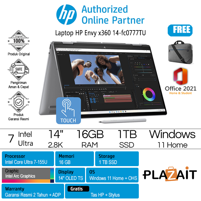 HP Envy x360 14-fc0777TU - 9W3G4PA /Intel Core Ultra 7-155U/16GB/1TB SSD/Intel Arc Graphics/14″ 2.8K OLED Touch/Win 11 Home+OHS 2021/Silver/2Y