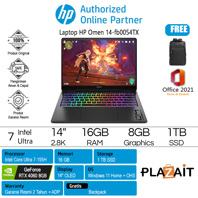 HP Omen 14-fb0054TX - 9T652PA /Intel Core Ultra 7-155H/16GB/1TB SSD/RTX4060 8GB/14″ 2.8K OLED/Win 11 Home+OHS 2021/Shadow Black/2Y