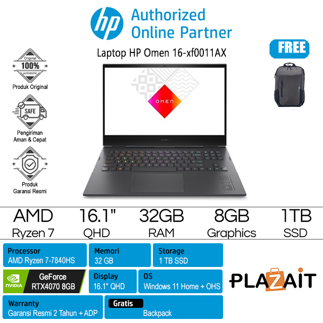 HP Omen 16-xf0011AX - 805W0PA /AMD Ryzen 7-7840HS/32GB/1TB SSD/RTX4070 8GB/16.1″ QHD/Win 11 Home + OHS 2019/Black/2Y