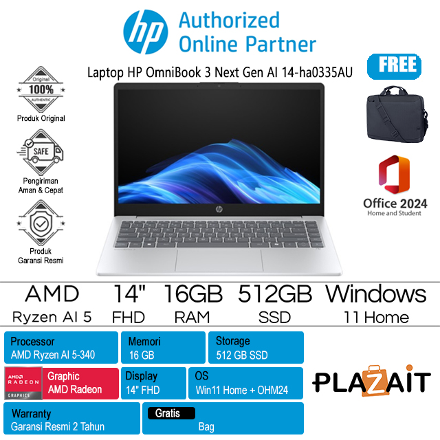 HP OmniBook 3 Next Gen AI 14-ha0335AU - C0BA7PA /AMD Ryzen AI 5-340/16GB/512GB SSD/AMD Radeon Graphics/14" FHD/Win 11 Home+OH24+M365/Silver/2Y