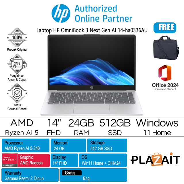 HP OmniBook 3 Next Gen AI 14-ha0336AU - C0BA8PA /AMD Ryzen AI 5-340/24GB/512GB SSD/AMD Radeon Graphics/14" FHD/Win 11 Home+OH24+M365/Silver/2Y