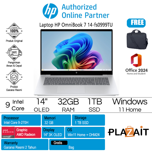 HP OmniBook 7 14-fs0999TU - C0BA6PA /Intel Core 9-270H/32GB/1TB SSD/Intel Graphics/14" 3K OLED/Win 11 Home+OH24+M365/Silver/2Y