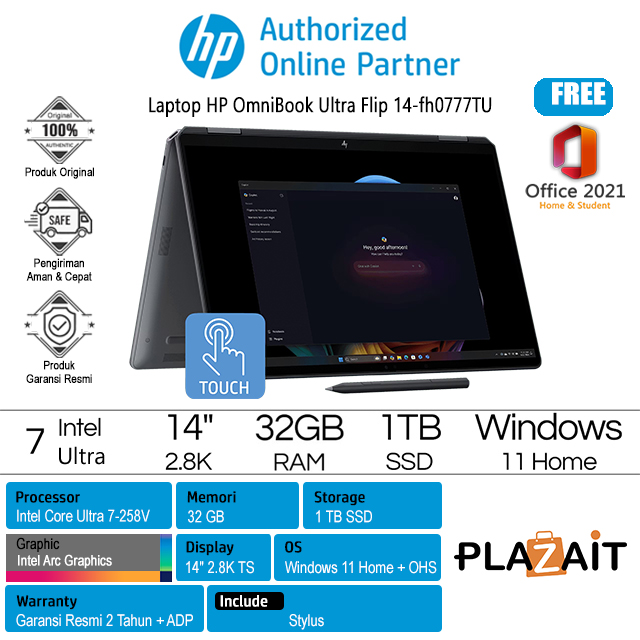 HP OmniBook Ultra Flip 14-fh0777TU - B08W6PA /Intel Core Ultra 7-258V/32GB/1TB SSD/Intel Arc Graphics/14″ 2.8K OLED Touch/Win 11 Home+OHS 2021/Eclipse Gray/2Y