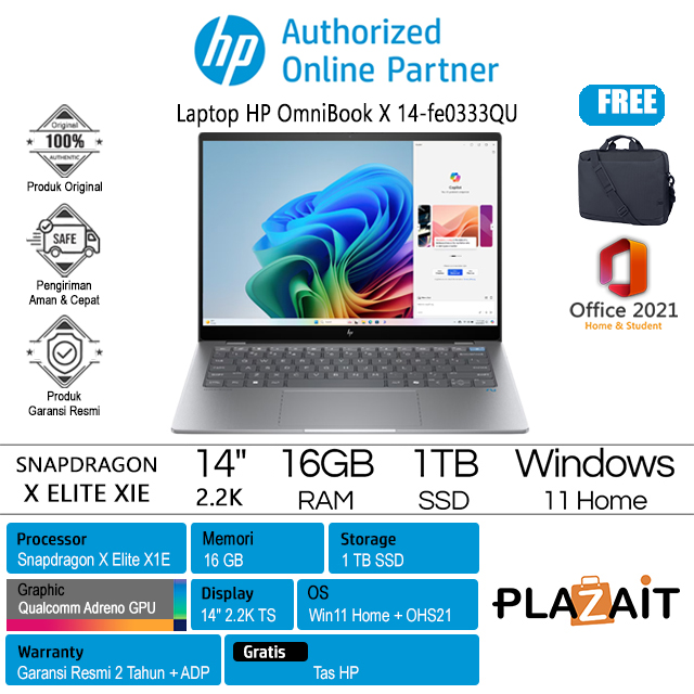 HP OmniBook X 14-fe0333QU - A9RM7PA /Snapdragon X Elite/16GB/1TB SSD/Qualcomm Adreno GPU/14″ 2.2K IPS Touch/Win 11 Home+OHS21/Meteor Silver/2Y