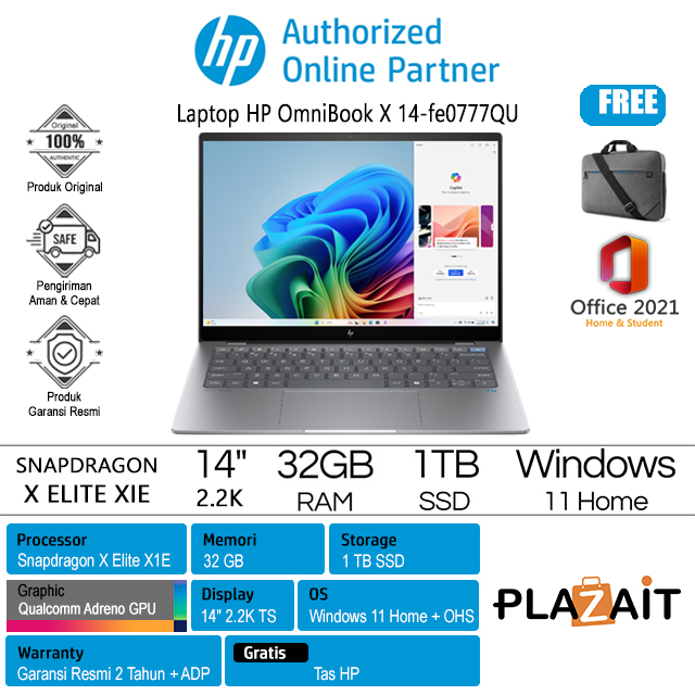 HP OmniBook X 14-fe0777QU - B00U2PA /Snapdragon X Elite/32GB/1TB SSD/Qualcomm Adreno GPU/14″ 2.2K IPS Touch/Win 11 Home+OHS 2021/Meteor Silver/2Y