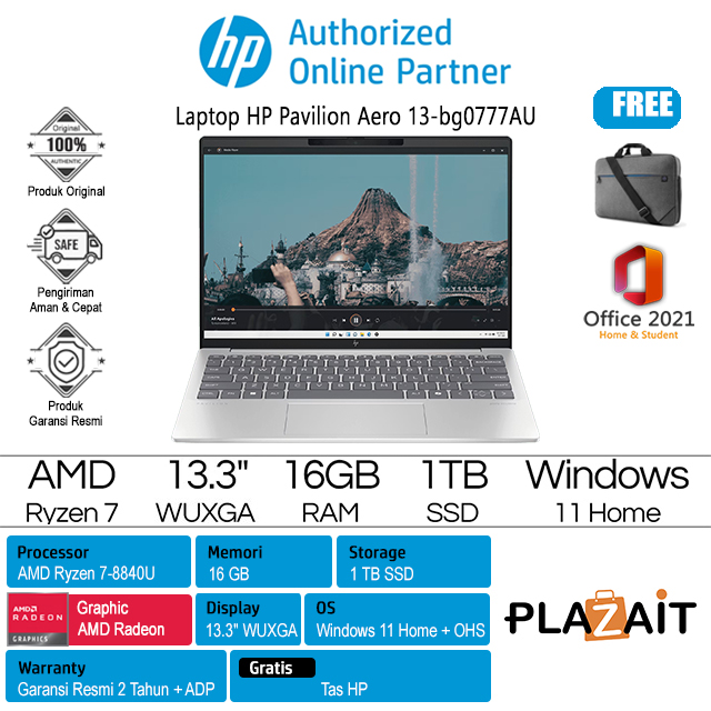 HP Pavilion Aero 13-bg0777AU - A0DH4PA /AMD Ryzen 7-8840U/16GB/1TB SSD/AMD Radeon Graphics/13.3″ WUXGA IPS/Win 11 Home+OHS 2021/Silver/2Y