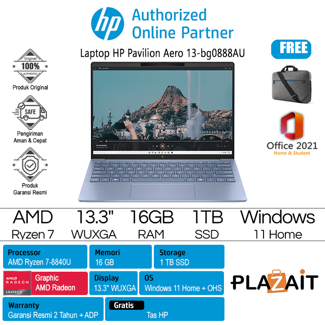 HP Pavilion Aero 13-bg0888AU - A0DH5PA /AMD Ryzen 7-8840U/16GB/1TB SSD/AMD Radeon Graphics/13.3″ WUXGA IPS/Win 11 Home+OHS 2021/Blue/2Y