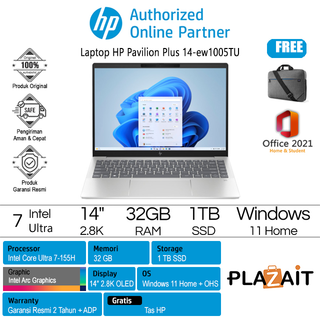 HP Pavilion Plus 14-ew1005TU - 9X3D5PA /Intel Core Ultra 7-155H/32GB/1TB SSD/Intel Arc Graphics/14″ 2.8K OLED/Win 11 Home+OHS 2021/Silver/2Y