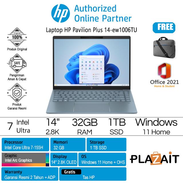 HP Pavilion Plus 14-ew1006TU - 9X3D6PA /Intel Core Ultra 7-155H/32GB/1TB SSD/Intel Arc Graphics/14″ 2.8K OLED/Win 11 Home+OHS 2021/Blue/2Y