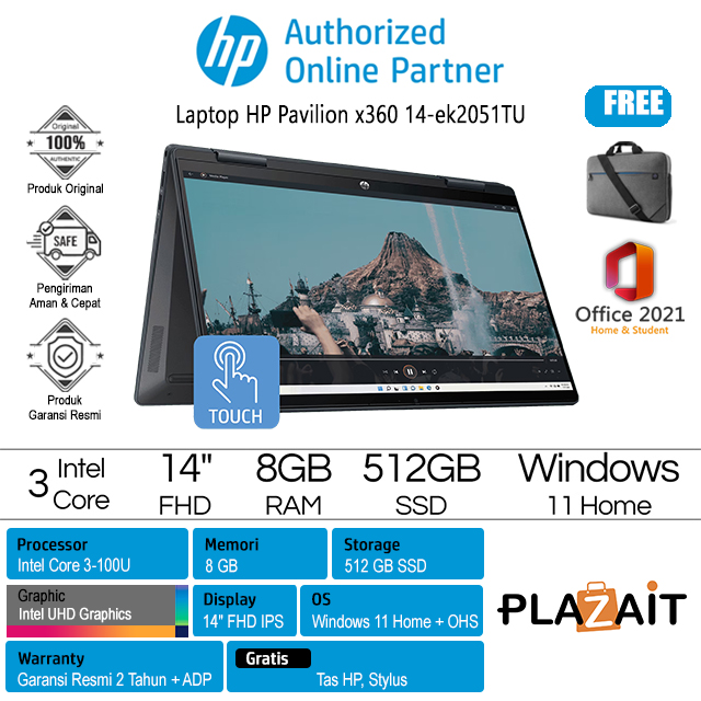 HP Pavilion x360 14-ek2051TU - A58H0PA /Intel Core 3-100U/8GB/512GB SSD/Intel UHD Graphics/14″ FHD IPS Touch/Win 11 Home+OHS 2021/Space Blue/2Y