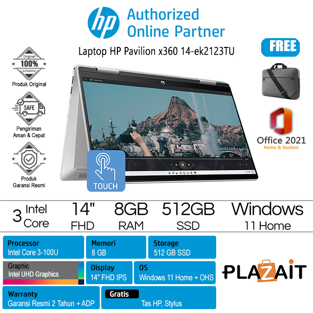 HP Pavilion x360 14-ek2123TU - A58H1PA /Intel Core 3-100U/8GB/512GB SSD/Intel UHD Graphics/14″ FHD IPS Touch/Win 11 Home+OHS 2021/Silver/2Y