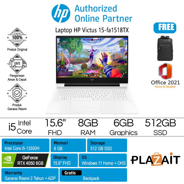 HP Victus 15-fa1518TX - A4TX2PA /Intel Core i5-13500H/8GB/512GB SSD/RTX4050 6GB/15.6″ FHD/Win 11 Home+OHS 2021/White/2Y