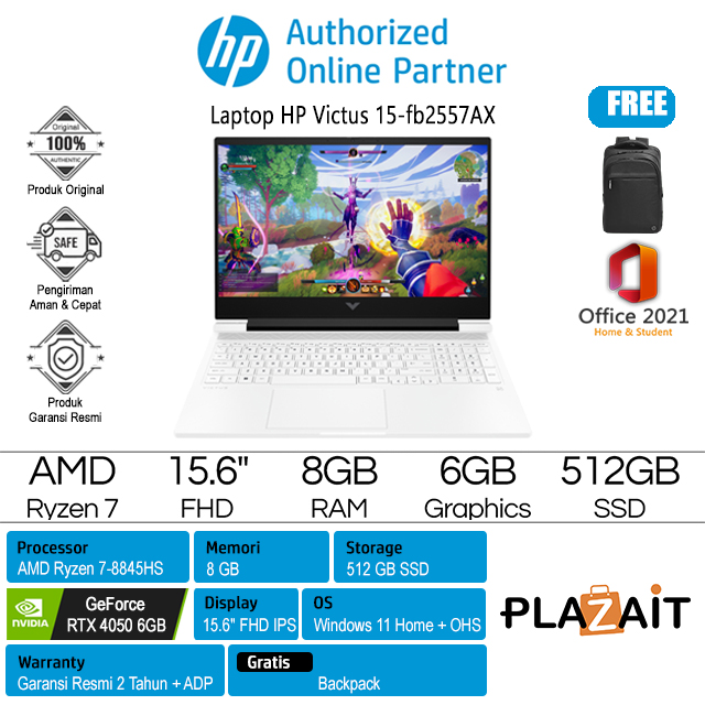 HP Victus 15-fb2557AX - A4UM4PA /AMD Ryzen 7-8845HS/8GB/512GB SSD/RTX4050 6GB/15.6″ FHD IPS/Win 11 Home+OHS 2021/Ceramic White/2Y