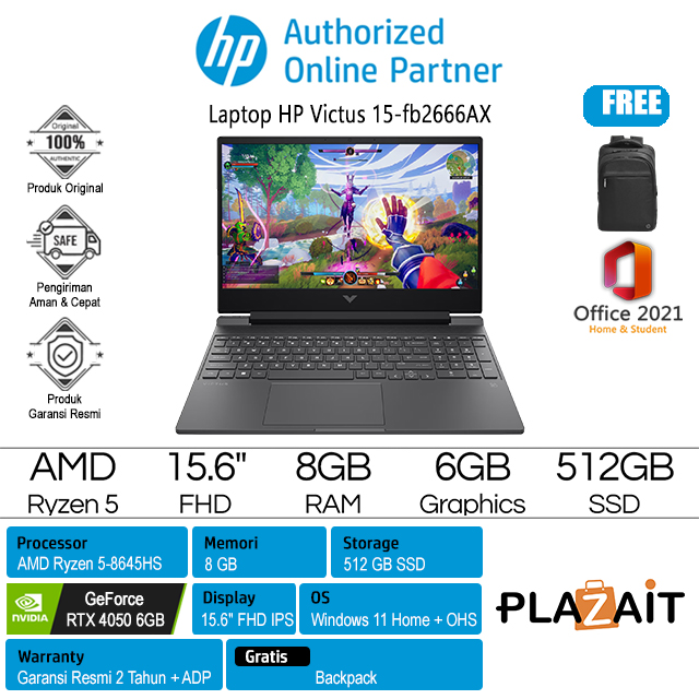 HP Victus 15-fb2666AX - A4TY4PA /AMD Ryzen 5-8645HS/8GB/512GB SSD/RTX4050 6GB/15.6" FHD IPS/Win 11 Home+OHS 2021/Mica Silver/2Y