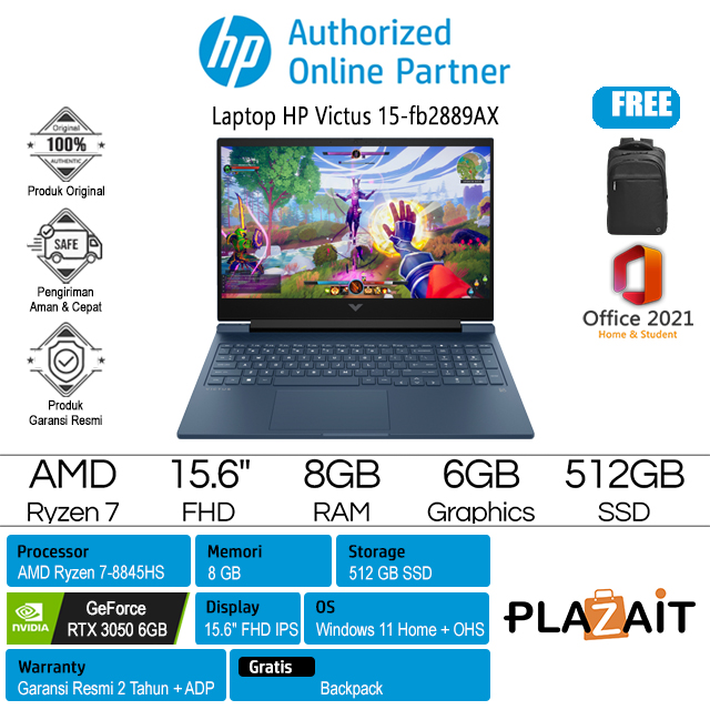 HP Victus 15-fb2889AX - A4TY9PA /AMD Ryzen 7-8845HS/8GB/512GB SSD/RTX3050 6GB/15.6″ FHD IPS/Win 11 Home+OHS 2021/Performance Blue/2Y