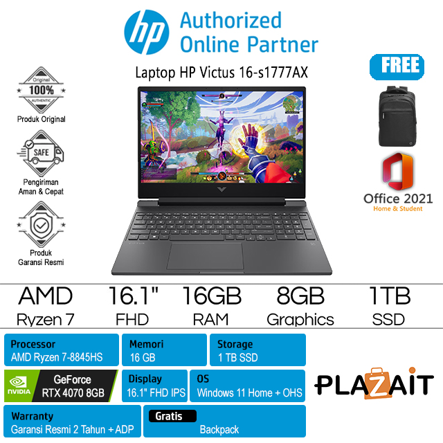 HP Victus 16-s1777AX - A4UE6PA /AMD Ryzen 7-8845HS/16GB/1TB SSD/RTX4070 8GB/16.1" FHD IPS/Win 11 Home+OHS 2021/Mica Silver/2Y