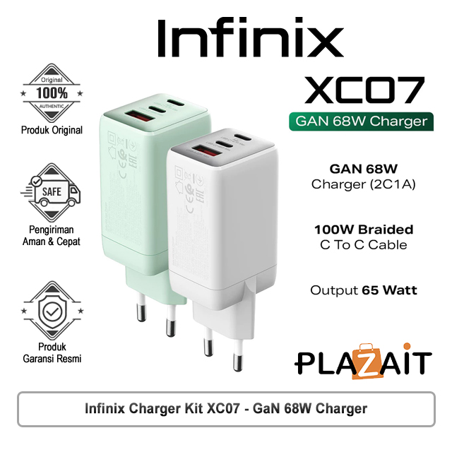 Infinix Charger Kit XC07 - GaN 68W Charger - 2C1A - 100W Braided C to C Cable - Output 65W