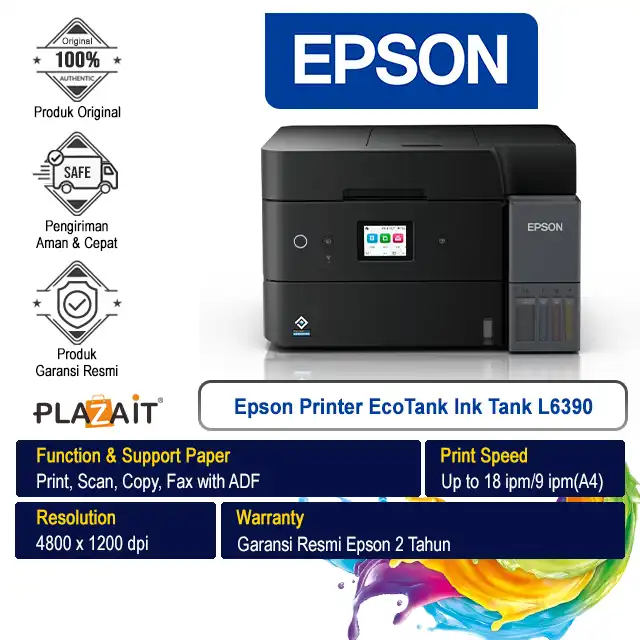 Epson Printer EcoTank Ink Tank L6390 A4 Wi-Fi Duplex - All In One (Print, Scan, Copy, Fax with ADF)