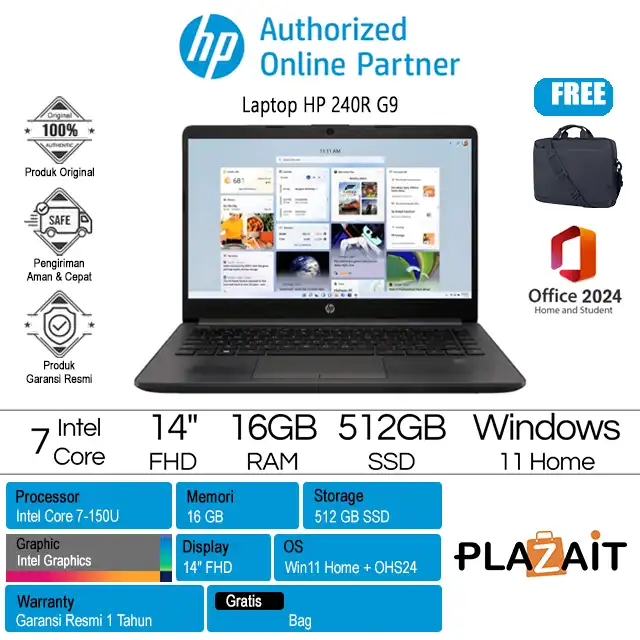 HP 240R G9 - B98QQPC /Intel Core 7-150U/16GB/512GB SSD/Intel Graphics/14″ FHD/Win 11 Home+OH24/Dark Ash Silver/1Y