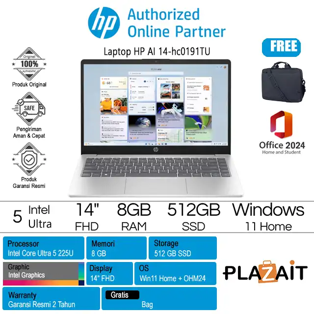 HP AI 14-hc0191TU - D75B5PA /Intel Core Ultra 5-225U/8GB/512GB SSD/Intel Graphics/14″ FHD/Win 11 Home+OH24+M365/Silver/2Y