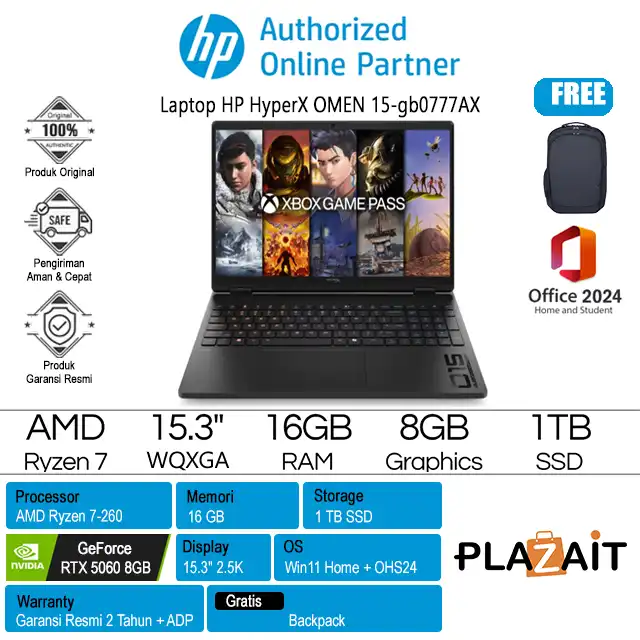 HP HyperX OMEN 15-gb0777AX - D36Z1PA /AMD Ryzen 7-260/16GB/1TB SSD/RTX5060 8GB/15.3" WQXGA 180Hz/Win 11 Home+OHS24/Shadow Black/2Y