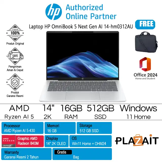 HP OmniBook 5 Next Gen AI 14-hm0312AU - D6ZV9PA /AMD Ryzen AI 5-430/16GB/512GB SSD/AMD Radeon Graphics/14" 2K OLED Touch/Win 11 Home+OH24+M365/Meteor Silver/2Y