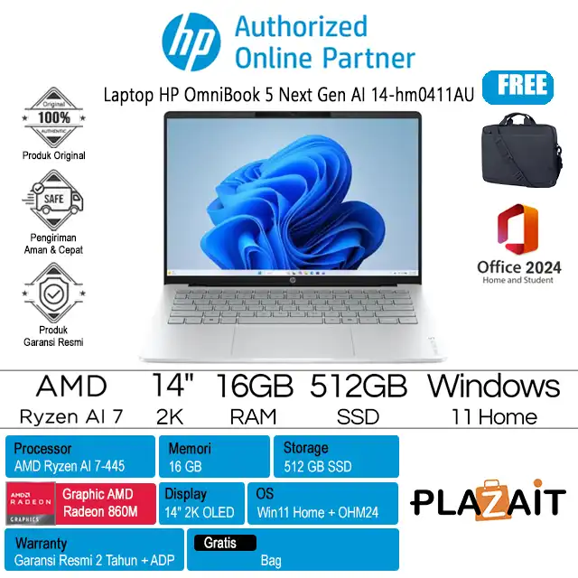 HP OmniBook 5 Next Gen AI 14-hm0411AU - D6ZW1PA /AMD Ryzen AI 7-445/16GB/512GB SSD/AMD Radeon Graphics/14" 2K OLED Touch/Win 11 Home+OH24+M365/Glacier Silver/2Y