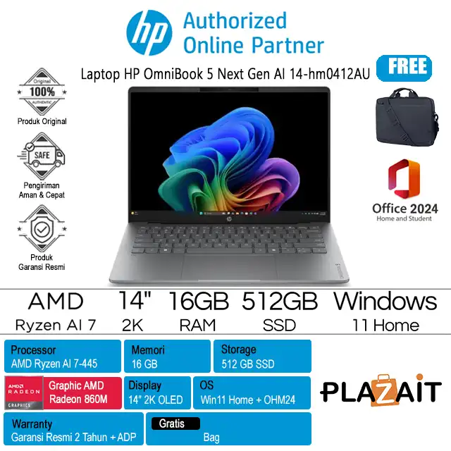 HP OmniBook 5 Next Gen AI 14-hm0412AU - D6ZW2PA /AMD Ryzen AI 7-445/16GB/512GB SSD/AMD Radeon Graphics/14" 2K OLED Touch/Win 11 Home+OH24+M365/Meteor Silver/2Y
