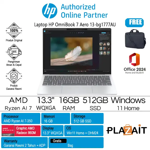 HP OmniBook 7 Aero 13-bg1777AU - BM7R2PA /AMD Ryzen AI 7-350/16GB/512GB SSD/AMD Radeon Graphics/13.3" WQXGA/Win 11 Home+OH24+M365/Silver/2Y
