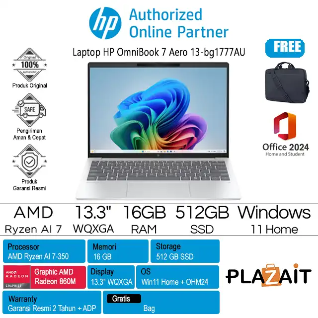 HP OmniBook 7 Aero 13-bg1777AU - BM7R2PA /AMD Ryzen AI 7-350/16GB/512GB SSD/AMD Radeon Graphics/13.3" WQXGA/Win 11 Home+OH24+M365/Silver/2Y